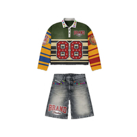 Ensemble court en flanelle à carreaux 100 % coton lavé, personnalisé avec strass thermocollés, coupe décontractée, style streetwear tendance
