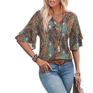 Blusa retro con estampado floral para mujer, cuello en V, manga larga, corte holgado, estilo bohemio para uso diario en otoño - Product Image 2