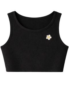 Conjunto de dos piezas para mujer: top corto acanalado y shorts con cordón, negro con bordado de margaritas, estilo casual y personalizable. - Product Image 2