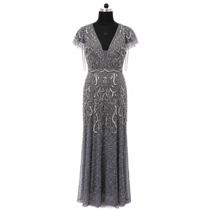 Luxury Grey Beaded Evening Gown for Women Deep V Neck <b>Sequin</b> Party Dress Elegant Wedding Reception Formal Maxi Evening Wear - Product Image 1