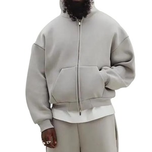 Men's Oversized Hooded Zip-Up Sweatshirt Solid Light Gray Cotton French Terry Casual Autumn Fit Regular Length Hoodies Men - Product Image 6