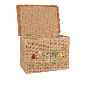 Handcrafted Rectangular Seagrass Basket Hinged Lid Cute Embroidered Flower <b>Storage</b> <b>Trunk</b> Decorative Wicker <b>Box</b> with Orange Trim - Product Image 2