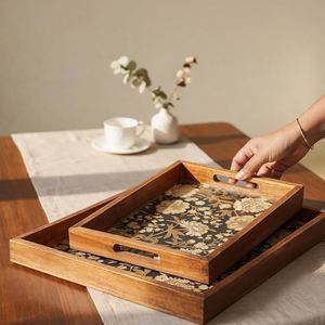 Wood Serving Tray Rectangle 16.5x11.8 Inch Handmade Retro Design With Handles - Product Image 4