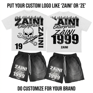 เสื้อยืดคอตตอนพรีเมียม 200 GSM กางเกงขาสั้นผ้าฟลีซ 280 GSM สีขาวดำ พิมพ์ลายสกรีนแบบทำเก่าพิเศษ - Product Image 1