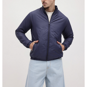 <b>Men's</b> Navy Blue <b>Bomber</b> <b>Jacket</b> Windproof Zipper Closure Casual Solid Color Polyester Wadding Autumn Wear - Product Image 2