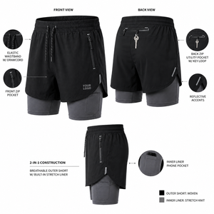 Men's Two <b>Layer</b> Sports Shorts with Elastic Drawstring Waist Custom Private Label Manufacturing Perfect for Gym and Training - Product Image 3