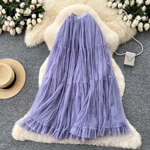 Jupe longue plissée en organza pour femme, taille élastique, avec volants, couleur unie, style été, longueur au sol - Product Image 5