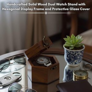 DECOR N UTILITY CRAFT Hexagon <b>Wooden</b> Dual Watch Stand Protective Glass Cover Handmade Modern Tabletop <b>Desk</b> Clock Holder Craft - Product Image 3