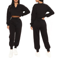 Ensemble de survêtement pour femme, couleur unie, col en V, haut court, pantalon à cordon de serrage, manches longues, coupe ample décontractée, vêtements d'automne, 100% coton