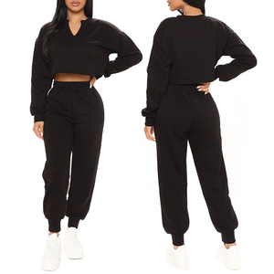 <b>Women</b> Solid Color V Neck Crop <b>Top</b> Tracksuit With Drawstring Pants Full Sleeve Casual Loose Fit Autumn Wear 100% Cotton - Product Image 4