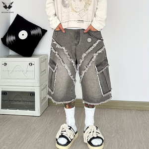 Pantalones Cortos Cargo de Mezclilla Gris para Hombre, Estilo Techwear, con Múltiples Bolsillos, Borde Deshilachado, Patchwork, Holgados, Personalizados, Venta al por Mayor, Streetwear, Vaqueros Cortos Sueltos - Product Image 6