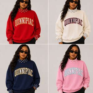 Sweat-shirt personnalisé pour le jour du match universitaire, rose à pois, col montant, en molleton épais, avec motif arqué QUINNIPIAC Varsity - Product Image 5