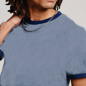 Camiseta de Manga Corta Azul Claro para Hombre con Ribete en Contraste, Corte Regular, Informal, de Algodón Jersey, Cuello Redondo, Color Sólido - Product Image 4
