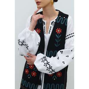 Wholesale <b>Women</b> <b>White</b> Embroidered Long Midi Dress with Black Ethnic Vest Floral Boho Eco-Friendly Natural Waist Kurti Set - Product Image 2