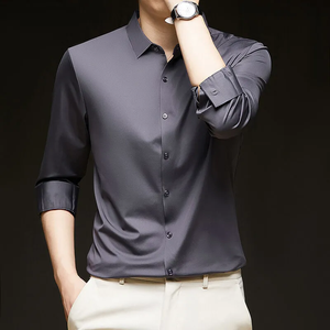 Chemise noire pour homme à manches longues, boutonnée, élégante, décontractée, pour le bureau, extensible, coupe ajustée, vente en gros, personnalisable, OEM - Product Image 3