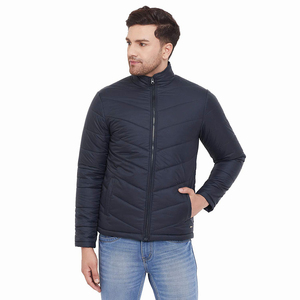Men's Dark Blue Puffer Jacket Stand Collar <b>Covered</b> <b>Button</b> Closure Windproof Casual Regular Fit Polyester Wadding Patchwork - Product Image 1
