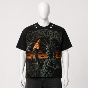 Camiseta Glory Custom Distressed con estampado DTG, 100% algodón, calidad premium, con pedrería, manga corta, para uso casual unisex. - Product Image 6