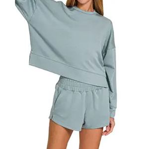 Ensemble de survêtement deux pièces pour femme de haute qualité, sweat-shirt long et short, motif uni, vêtements de sport, usage quotidien, respirant, 100% coton - Product Image 5