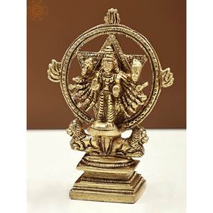 Sculptures en laiton de 4 pouces faites à la main Petite statue de Sudarshana Vishnu avec Narasimha sur les idoles uniques inversées - Product Image 3