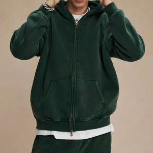 Custom Vintage Solid Zip-Up <b>Hoodies</b> and Jogger Set with Custom Logo Design 100% <b>Polyester</b> 280g Pigment Dyed for Men - Product Image 2