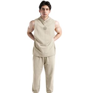 Beige Perform Hooded Tank Men's Sleeveless Gym Hoodie <b>Vest</b> Cotton Workout Training Fitness Bodybuilding <b>Stringer</b> Athletic Muscle - Product Image 1