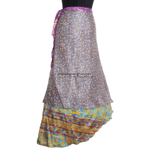 Fancy Reversible Silk Long <b>Wrap</b> <b>Skirt</b> 2 Layer Reversible Magic Silk Saris <b>Wrap</b> Long <b>Skirt</b> Silk Fabric Printed Beige Magic <b>Wrap</b> - Product Image 2