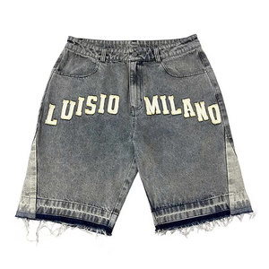 Men’s Black Grey Denim Shorts Lettering Loose Fit Knee Length Baggy Jean Hem Casual Streetwear Summer Fashion - Product Image 1