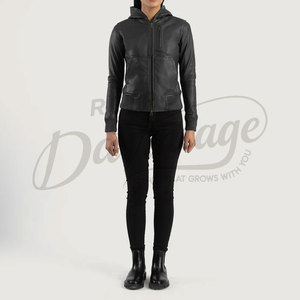 Premium Women Black Real Leather Hooded <b>Bomber</b> <b>Jacket</b> Slim Fit Soft Sheepskin Hoodie <b>Jacket</b> Casual Outerwear Coat - Product Image 2