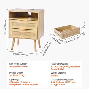 Comodino Boho con Ripiano Aperto e 2 Cassetti, Tavolino da Notte in Rattan con Gambe in Legno Massello per Appartamenti - Product Image 6