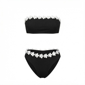 Women Black 2 Piece <b>Bikini</b> <b>Set</b> Bandeau Top With 3D White Flower Applique Ribbed Stretch Fabric Hipster Bottoms - Product Image 1
