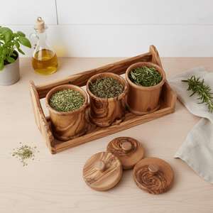 Juego completo de tarros de especias de madera de olivo con estante, contenedor de almacenamiento de condimentos artesanal para cocina, recipiente decorativo para azúcar, sal y pimienta. - Product Image 5