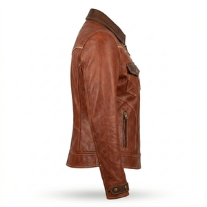 Vintage Cognac Brown Western Real <b>Leather</b> Jacket Womens Contrast Piping Yoke Flap Pocket <b>Shirt</b> Collar Outerwear Coat - Product Image 3