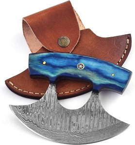 Couteau Ulu artisanal en acier Damas avec manche en bois Pakka pour la découpe et la préparation des aliments en cuisine (hachage, découpe en dés, tranchage) - Product Image 1