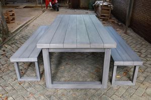 Garden <b>Set</b> 1 <b>Dining</b> Table 220x100 cm & 2 <b>Bench</b> Solid Teak Wood Grey Finish for Outdoor Use Seating 6 - Product Image 3