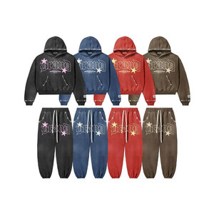 Conjunto de Sudadera y Pantalón de 2 Piezas para Hombre, Estilo Urbano, Efecto Desgastado por el Sol, Novedad, Corte Holgado, con Pedrería y Lavado Ácido, con Capucha y Pantalón con Efecto Apilado - Product Image 1