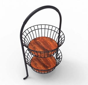 Panier à fruits à 2 niveaux avec poignée arquée en fil métallique, support moderne et écologique, base en bois, revêtement noir en poudre, organisateur de cuisine - Product Image 3