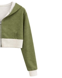 Womens <b>Cropped</b> <b>Zip</b> <b>Up</b> Hoodie Olive Green And Cotton Fleece Color Block Hooded Sweatshirt Casual Streetwear Ladies Jacket - Product Image 3