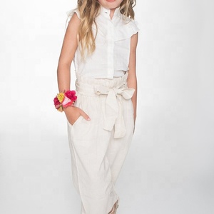 Ensemble en papier Style bohème pour enfants, haut à volants sans manches blanc, confortable, jambes larges, pantalon noué avec poches latérales - Product Image 3