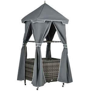 Cesto porta asciugamani grigio in vimini PE effetto rattan con ruote per bordo piscina, con ripiano e cesto portaoggetti per asciugamani - Product Image 1