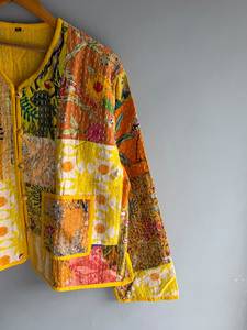 Yellow <b>Patchwork</b> Cotton Jacket V-Neck Button Front Bohemian Style Casual Outerwear for Women Full Sleeve Reversible Design gift - Product Image 5