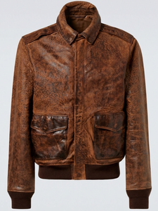 Chaqueta Bomber de Cuero Marrón Desgastado para Hombre, Cuello Alto, Acabado Vintage, Puños de Punto Acanalado, Ecológica, de Secado Rápido y Transpirable para Otoño - Product Image 5