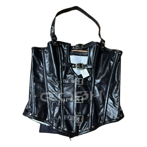Corsé de cuero negro de talla grande para mujer, estilo halter con cierre de hebilla frontal, top gótico para discoteca - Product Image 1