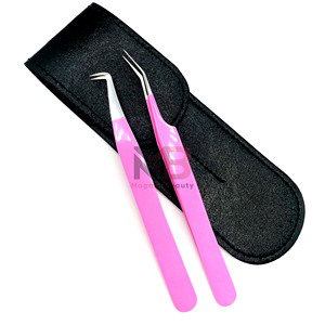 Ensemble de pinces à cils en acier inoxydable rose, pointes précises et lisses pour extensions de cils, avec étui personnalisé - Product Image 2
