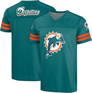 Camiseta de los Miami Dolphins en color verde azulado con mangas a rayas naranjas, de secado rápido, con bordado a máquina, diseño duradero, material de poliéster. - Product Image 1