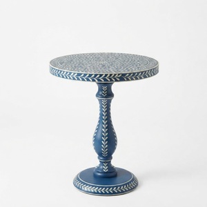 Blue Bone Inlay Side <b>Table</b> Luxury Round Pedestal End <b>Table</b> Chevron Leaf Pattern Accent <b>Table</b> <b>for</b> <b>Living</b> <b>Room</b> Wholesale Indian - Product Image 1
