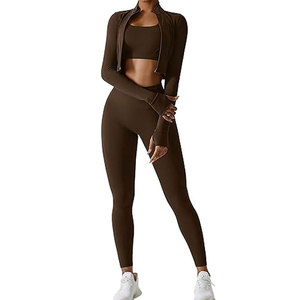 Fashion Wear Women 3 Piece Crop Top <b>Set</b> Spandex / Nylon Made Gym Yoga Running Activewear With Comfortable Fabric - Product Image 1