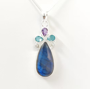 Pendentif artisanal en labradorite, améthyste, topaze bleue, perle et pierres précieuses multiples, en argent sterling 925, bijoux pour femmes - Product Image 3