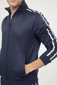 Men's Navy Blue <b>Tracksuit</b> Full Zip Sweatshirt and Pants Set with White Side Stripes Breathable <b>Polyester</b> Sporty Style - Product Image 6