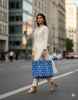 Sac fourre-tout léger en coton imprimé floral bleu roi avec fermeture éclair, grande capacité, réutilisable, élégant, pour le quotidien, les courses et les voyages