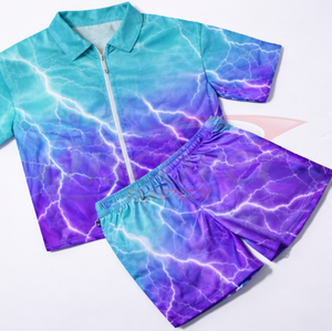 Ensemble court 2 pièces personnalisé pour homme, imprimé 3D Éclair Bleu, survêtement d'été, polo zippé et short assortis - Product Image 1